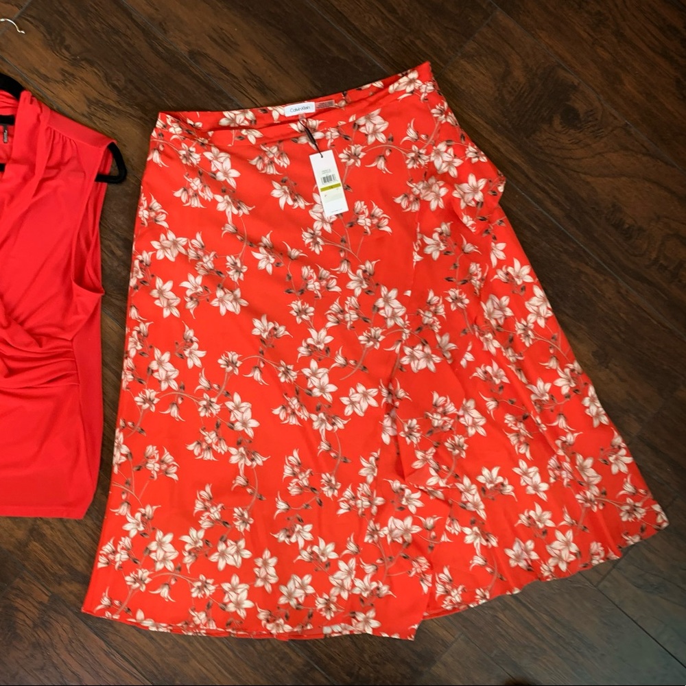 SALE Calvin Klein NEW Sz 14 SKIRT Faux-Wrap Red Floral